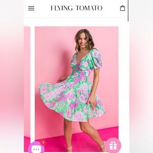 Flying Tomato pink and green floral puff sleeve dress